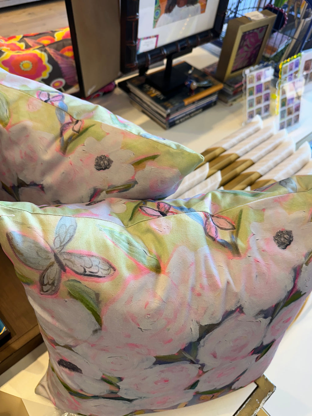 Butterflies and Buds Pillow by Katherine Sanders