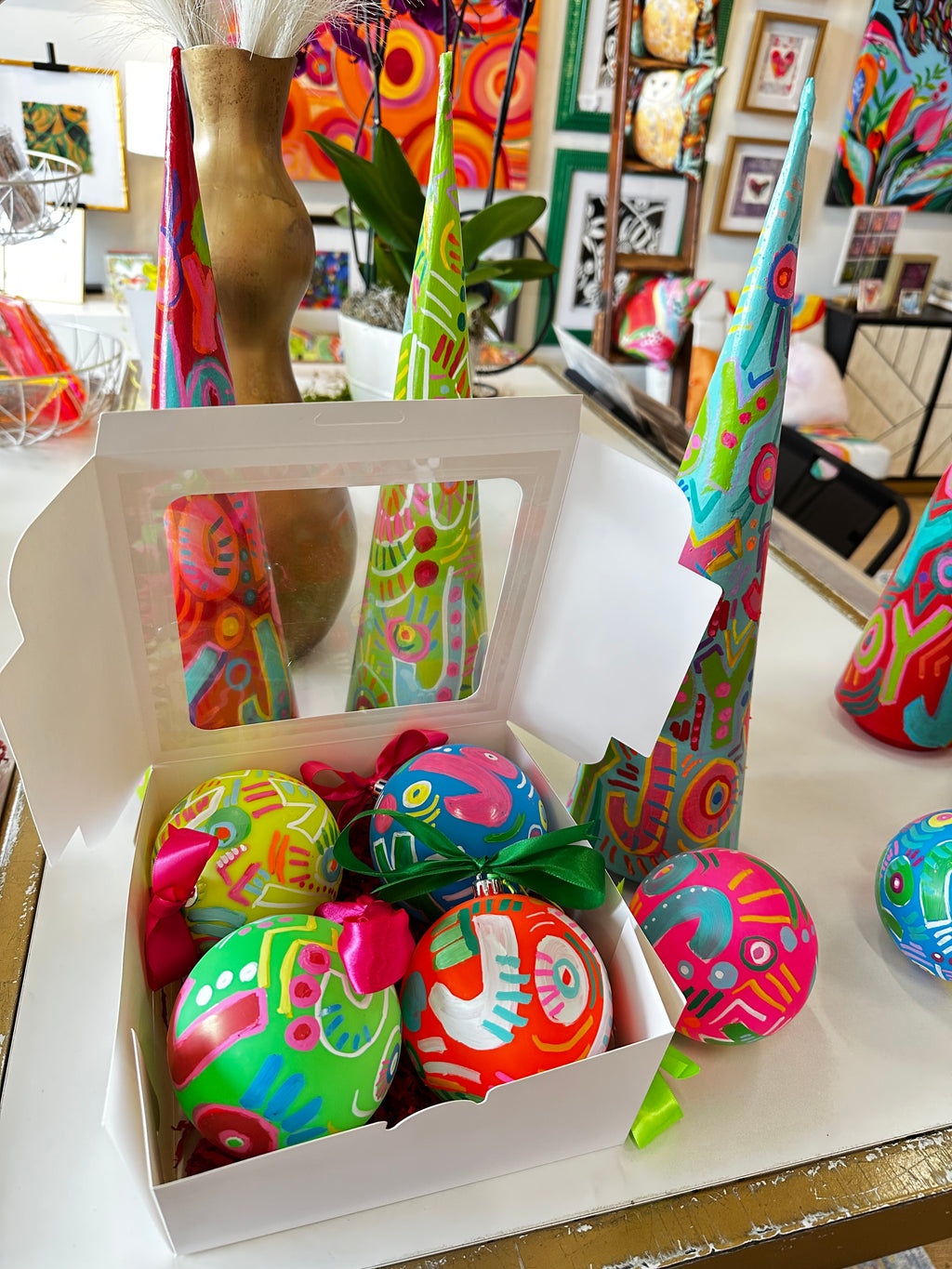 Hand-Painted Joy Ornaments Box of 4 by Katherine Sanders