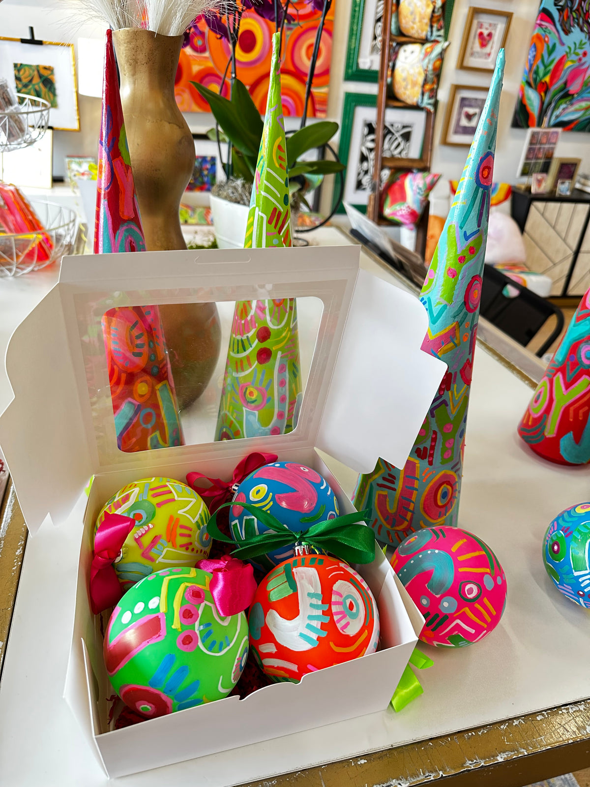 Hand-Painted Joy Ornaments Box of 4 by Katherine Sanders