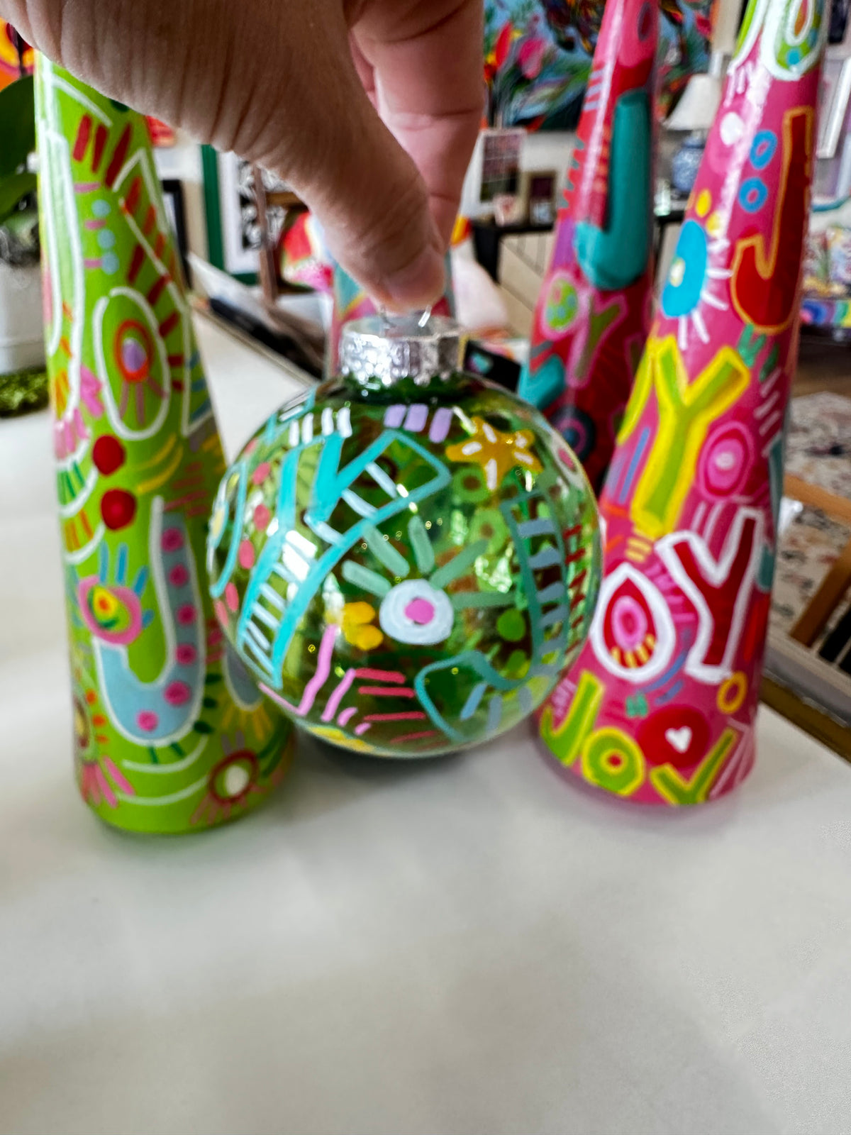 Hand-Painted Joy Ornaments Box of 4 by Katherine Sanders