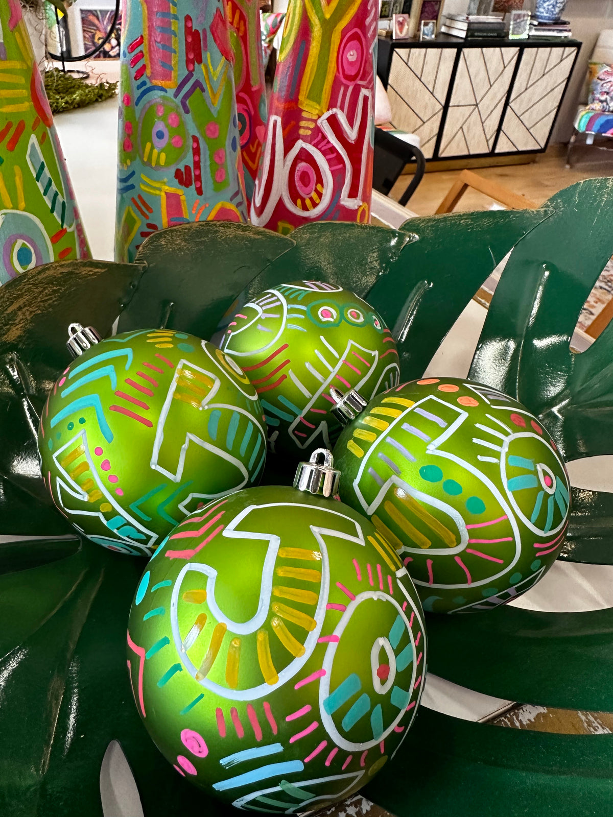 Hand-Painted Joy Ornaments Box of 4 by Katherine Sanders