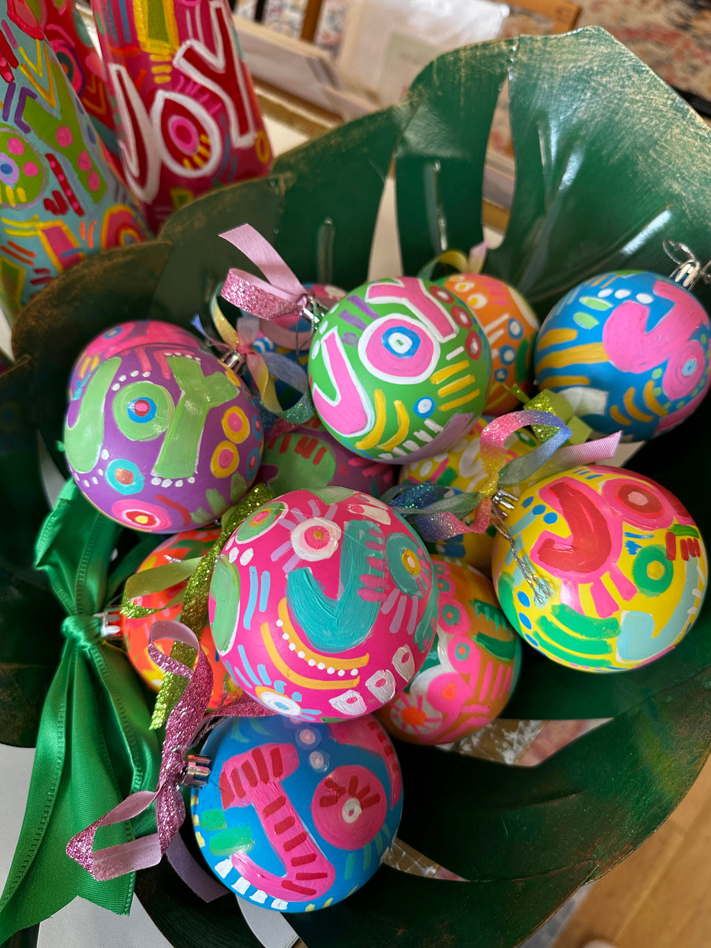 Hand-Painted Joy Ornaments Box of 4 by Katherine Sanders