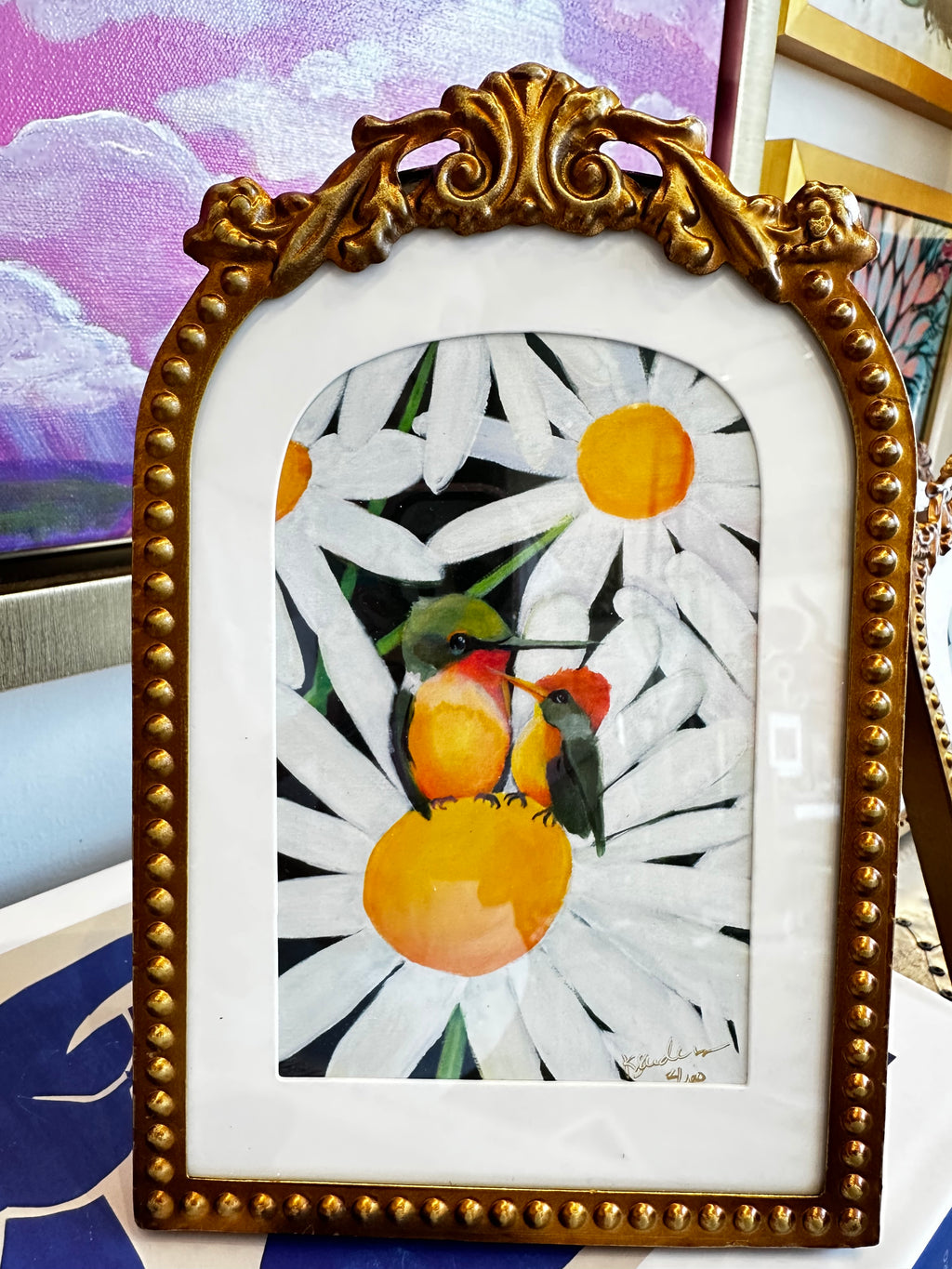 Messengers Hummingbird and daisies print detail in frame
