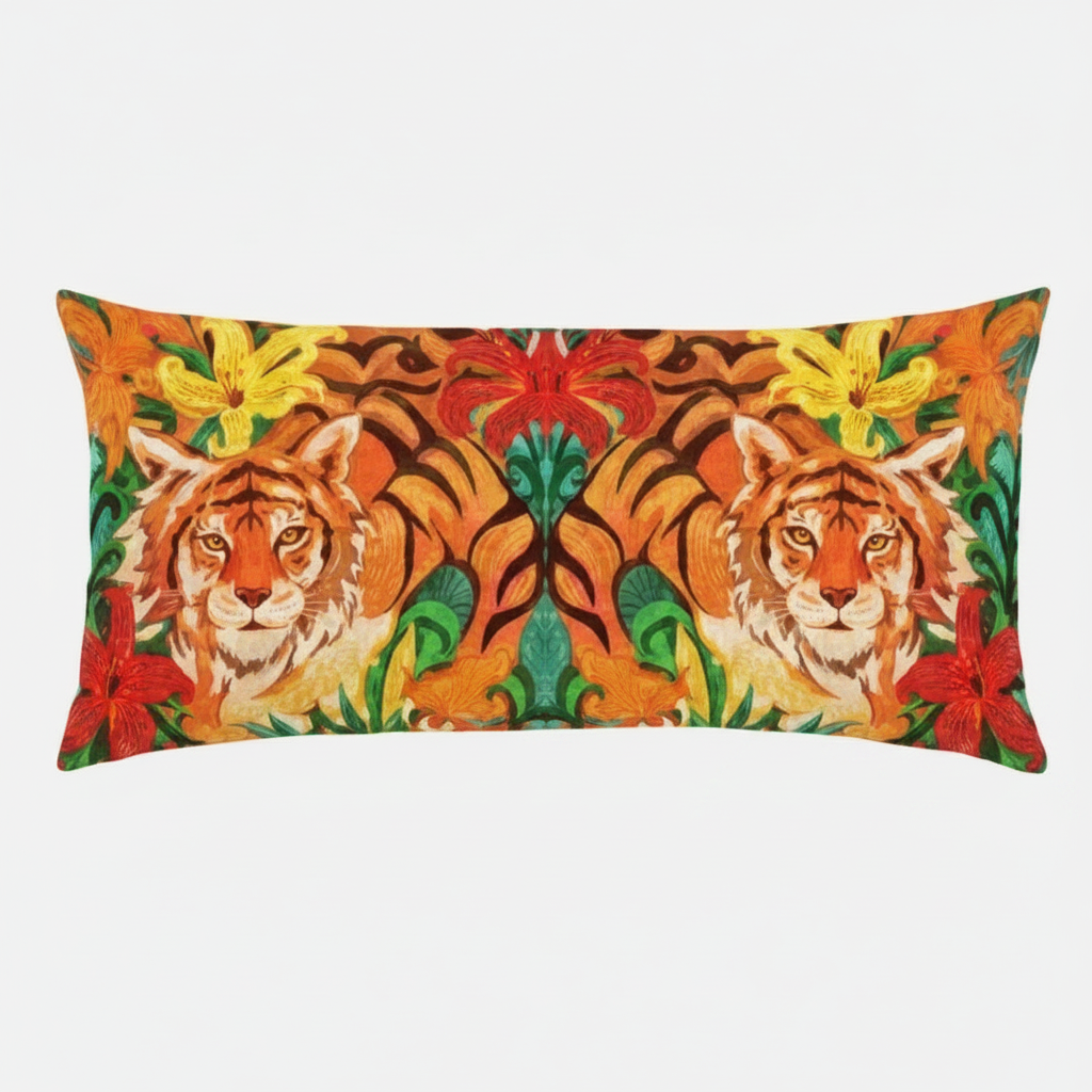 Tiger Lily decorative pillow with crouching tiger design by Katherine Sanders