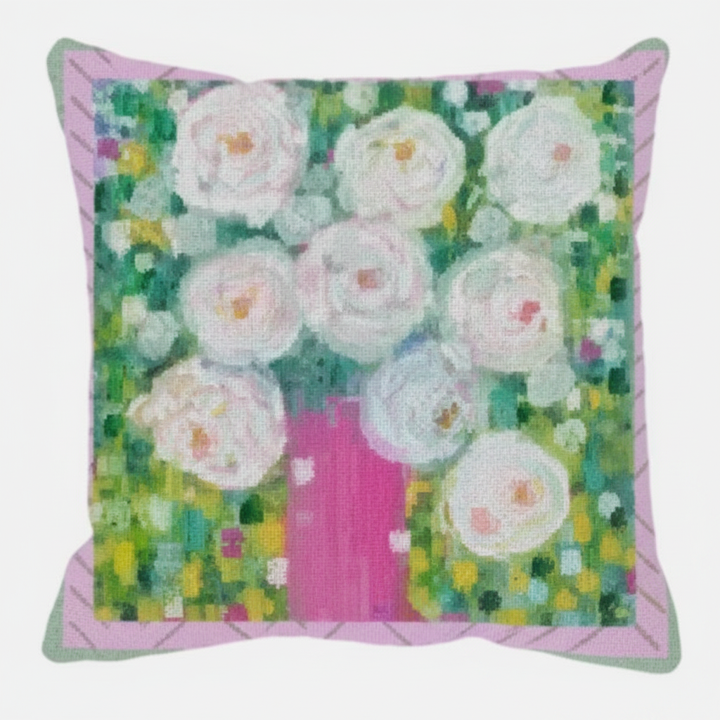 White roses in a hot pink vase on a green background, original design by Katherine Sanders