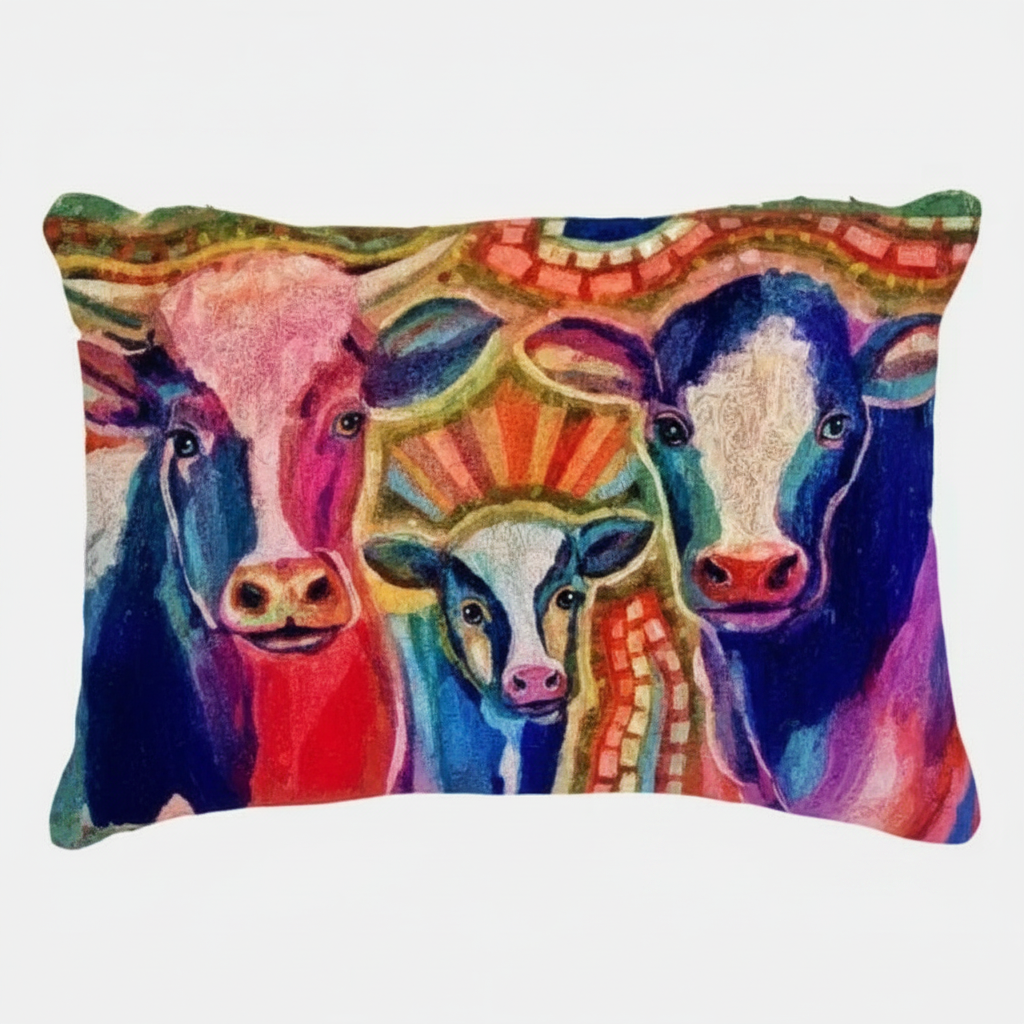 Greener Pastures colorful cow pillow design by Katherine Sanders